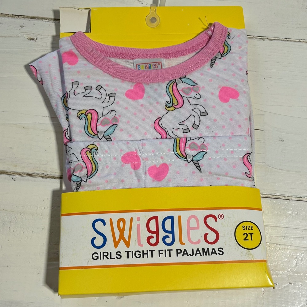Swiggles Girls Unicorn Heart Polka Dot Tight Fit Pajama Set White Pink 2T